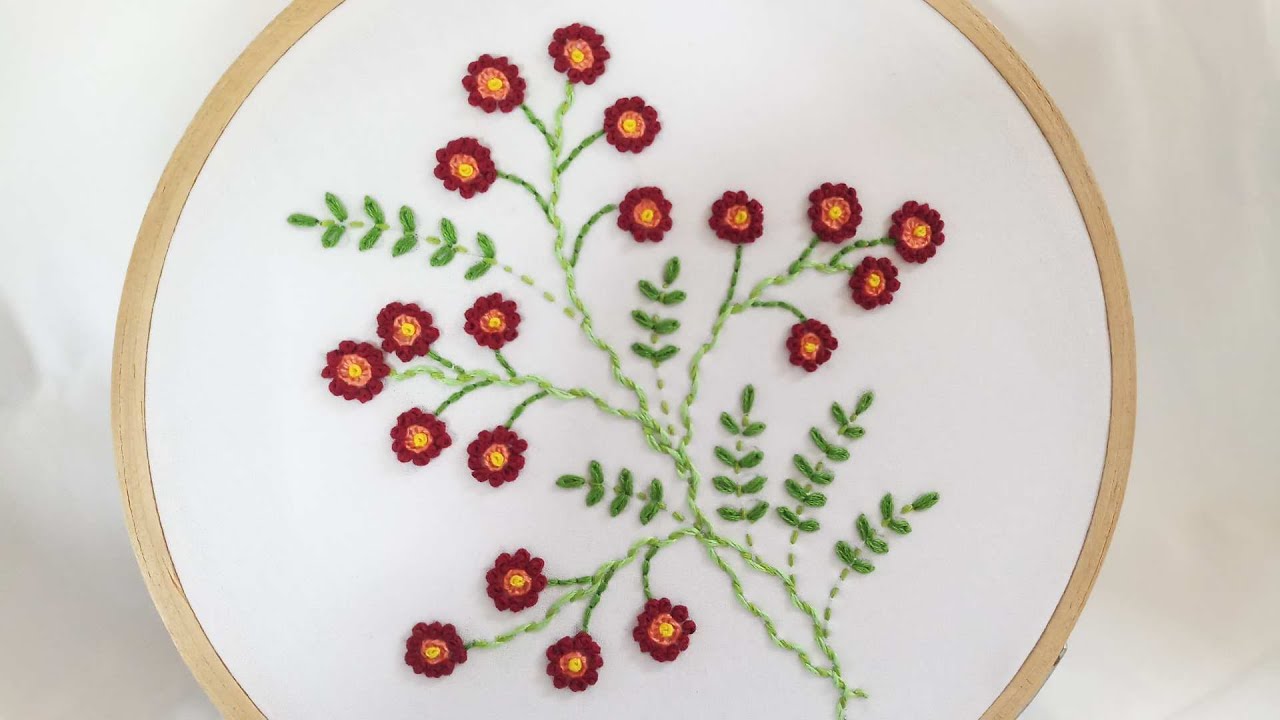 Hand embroidery of a flower twig with easy stitches