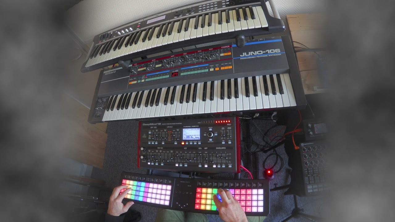 Irijule Theoryboard THY333 controlling Roland Juno 106 + Behringer Deepmind 12 + Korg X50