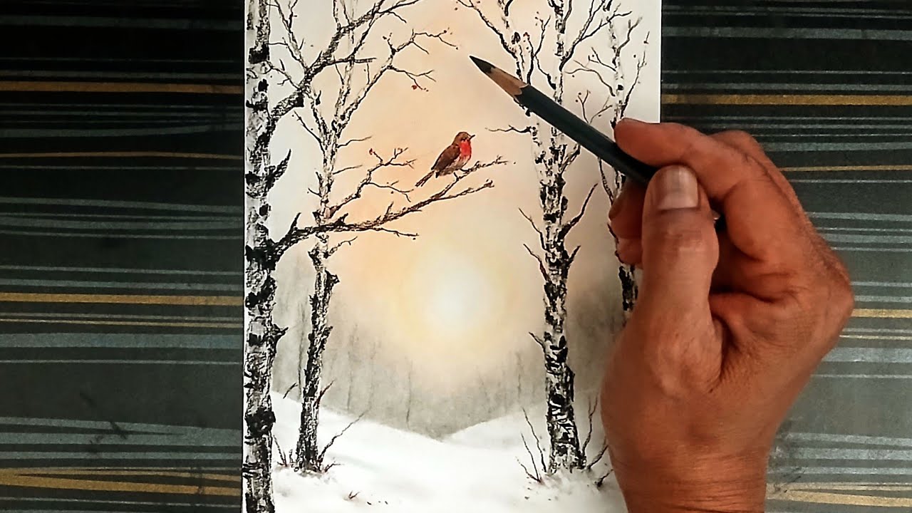 Winter Silence: Drawing a Beautiful Bird vy Charcoal & Color Pencils.