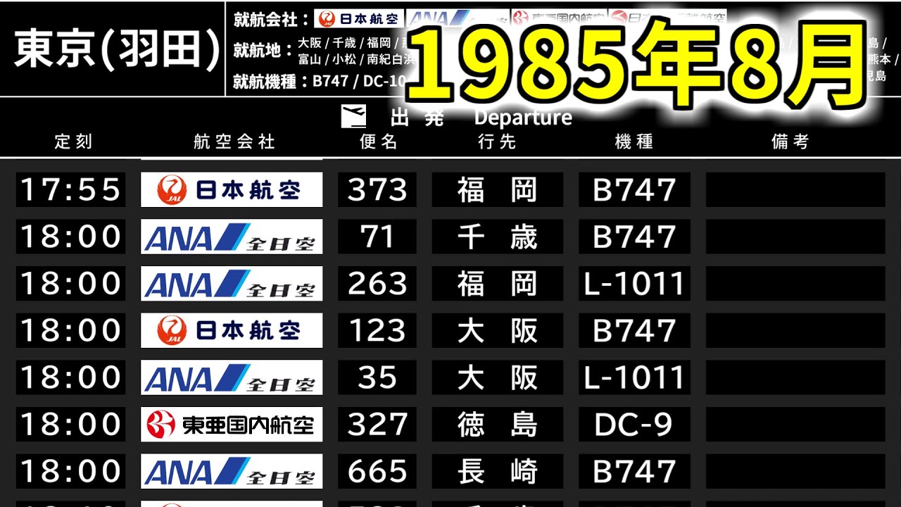 1985年8月の国内線時刻表【国内全空港の出発便】