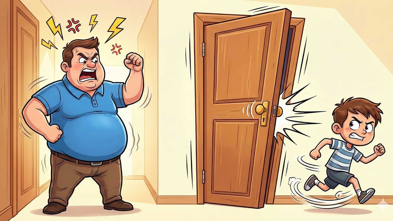 Fat father angry because son slams door loudly
