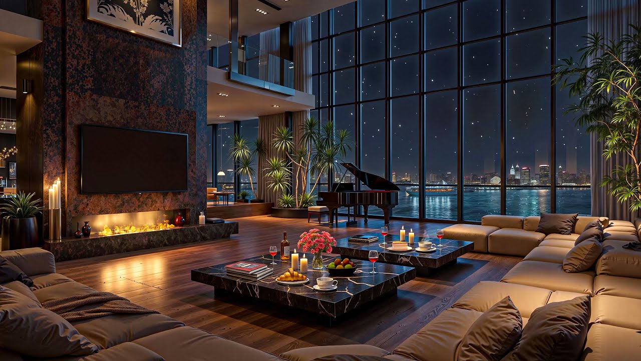Cozy Night in a Luxury Apartment by the River | Soft Piano Jazz for Sleep & Study