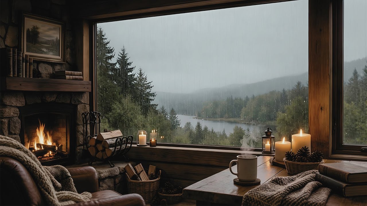 Cozy Cabin Rain | Calm Daytime Ambience | Fireplace & Rain Sounds | 1 Hour | ATMOS