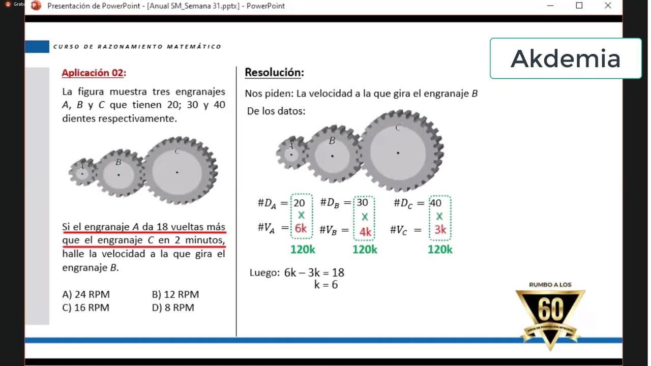 Ruedas poleas y engranajes- Razonamiento Matemático-Pre San Marcos