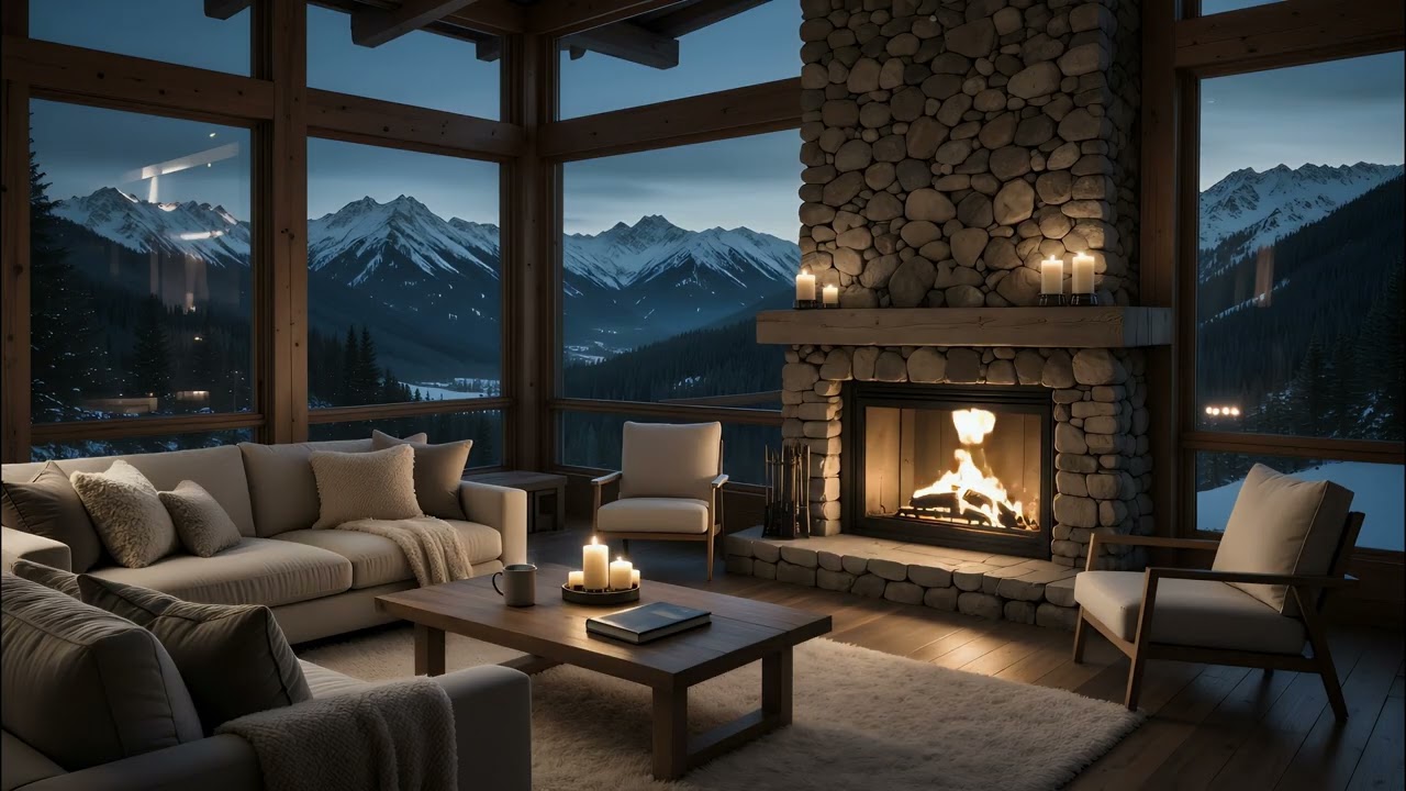 Cozy Mountain Cabin Fireplace at Night 🔥🏔️ | Calm Alpine Views & Relaxing Ambience
