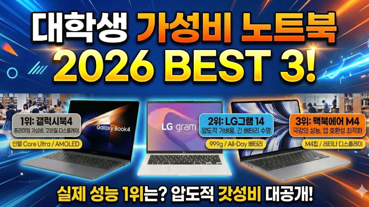 대학생 가성비 노트북 추천 2026 비교 │ 갤럭시북4 15.6 i5 · LG 그램 14 Ultra5 · Apple 맥북 에어 M4