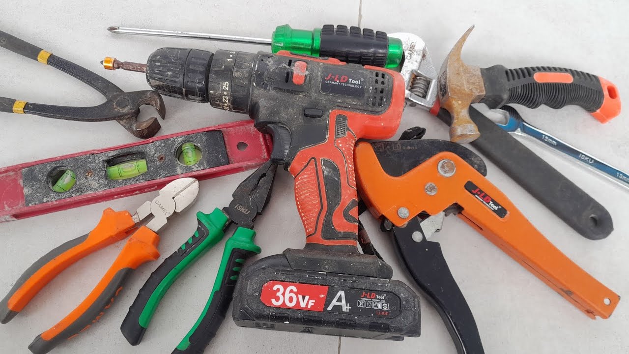 Collection of Repair Tools, Drill, Saw, Screwdriver, Pliers, Wrench, Grinder