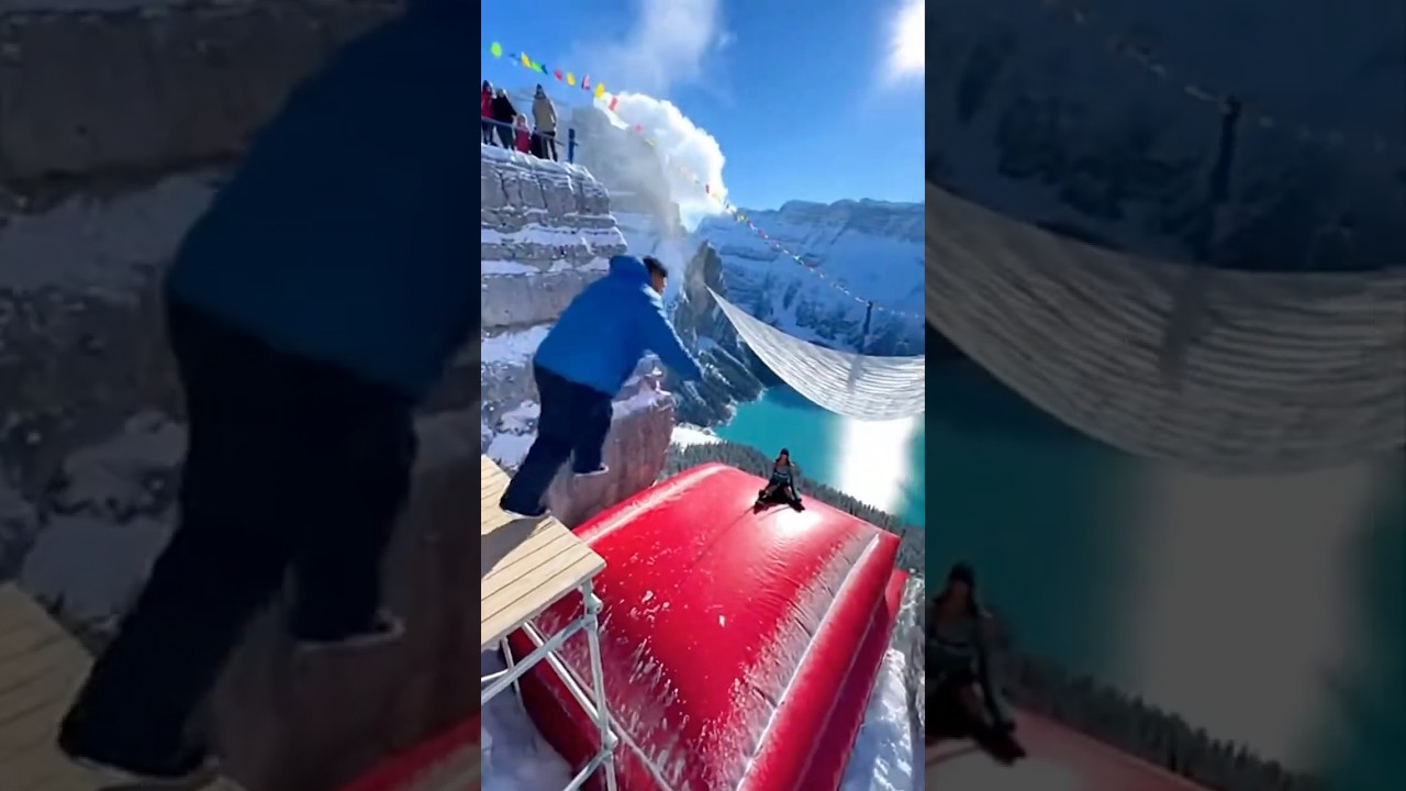 Snowy Cliff airbag is wild! 😱🔥 Guy jumps, girl flies! 