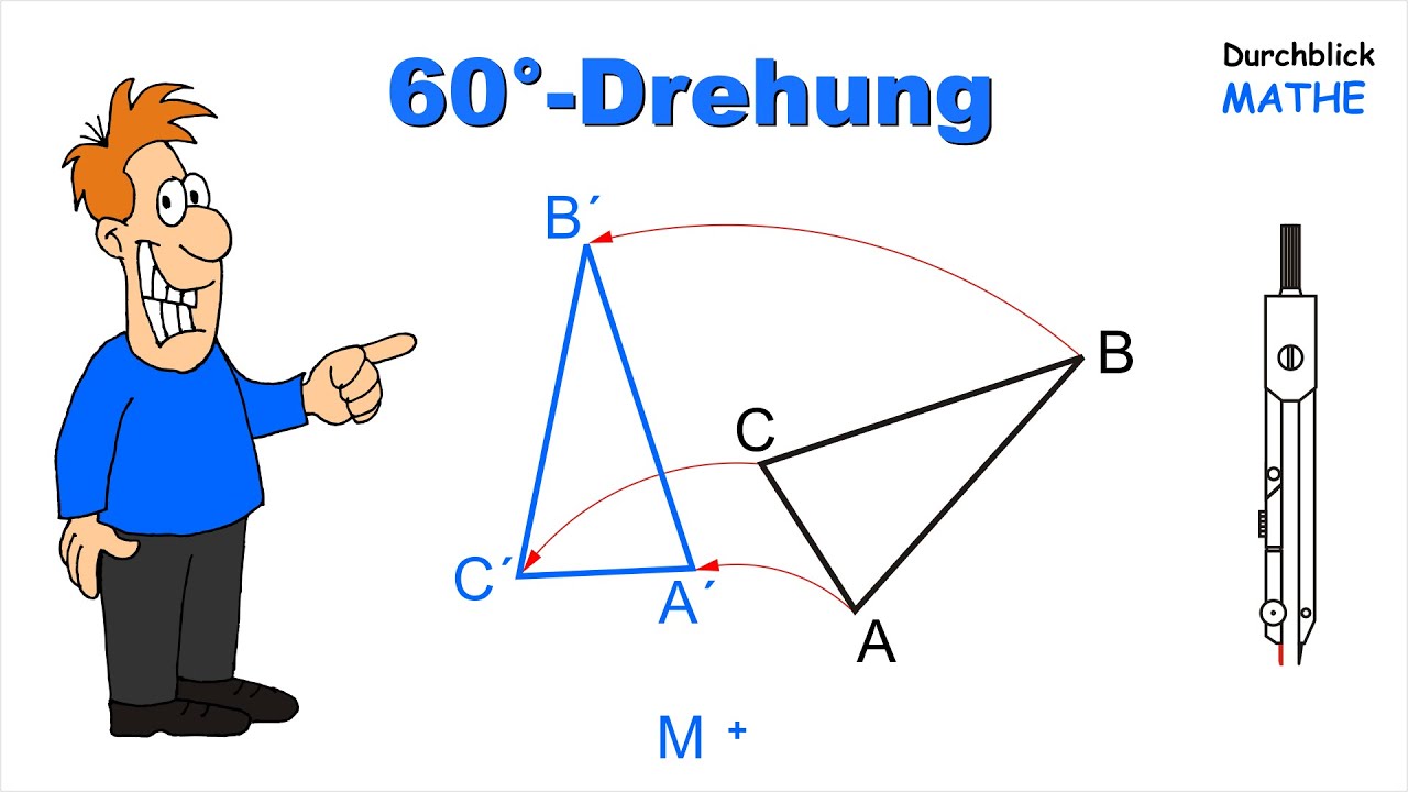 Drehung: Dreieck 60&deg; um M nach links drehen, mit Zirkel konstruiert