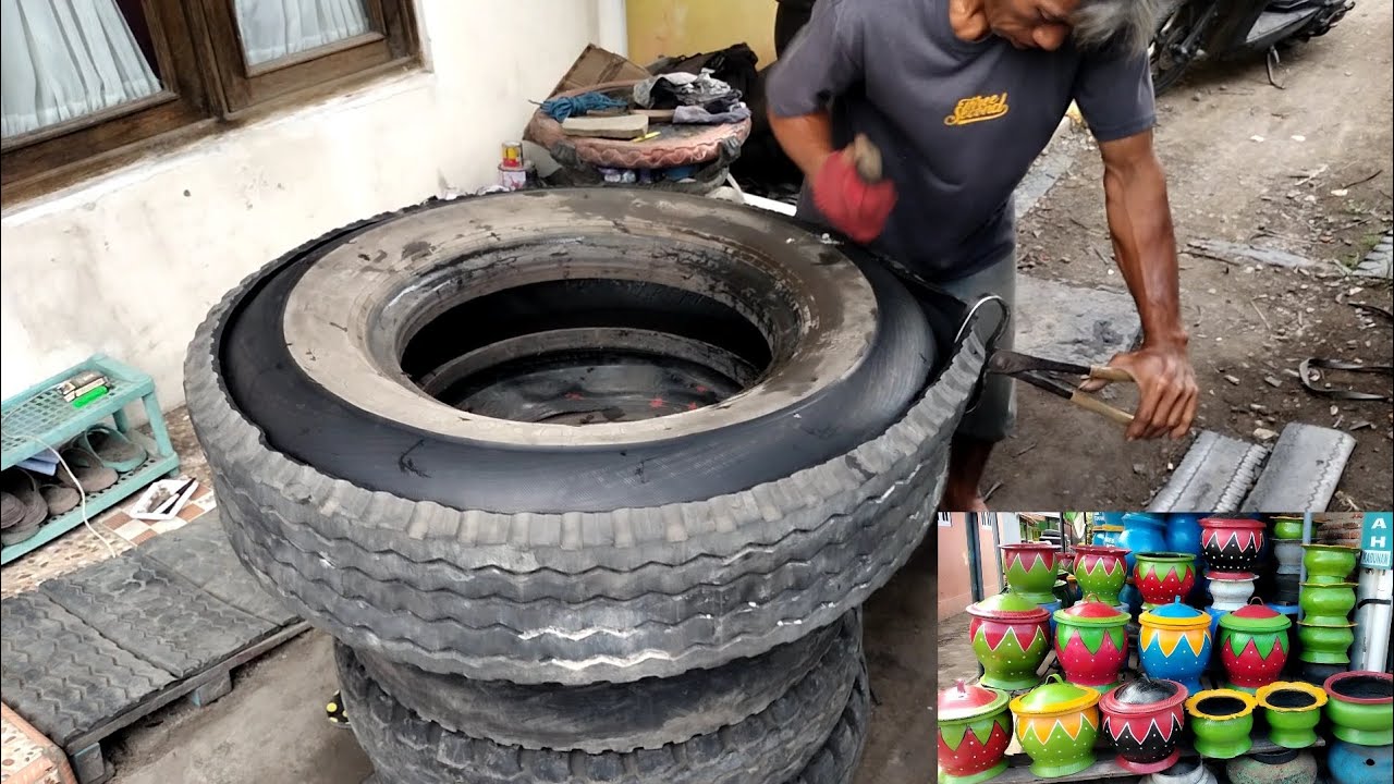 Proses pembuatan bak sampah cantik dari ban bekas
