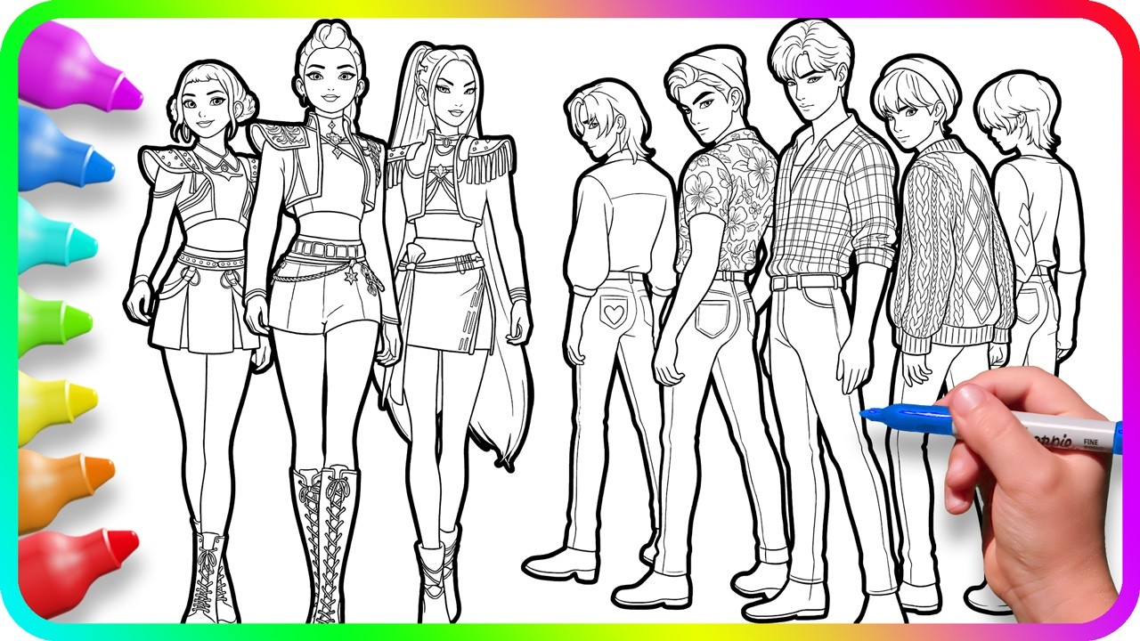 KPop Demon Hunters FanArt Coloring Pages - Boys vs Girls / Satisfying Coloring Kpop Characters