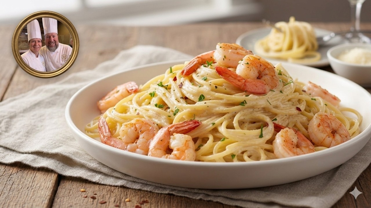 Recette de Spaghetti crémeux aux crevettes facile et rapide.