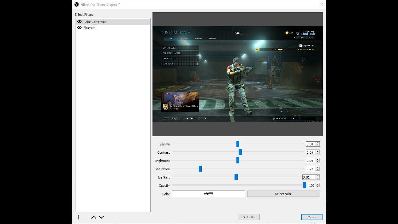 Trying some filters in OBS to make the raw recordings look better