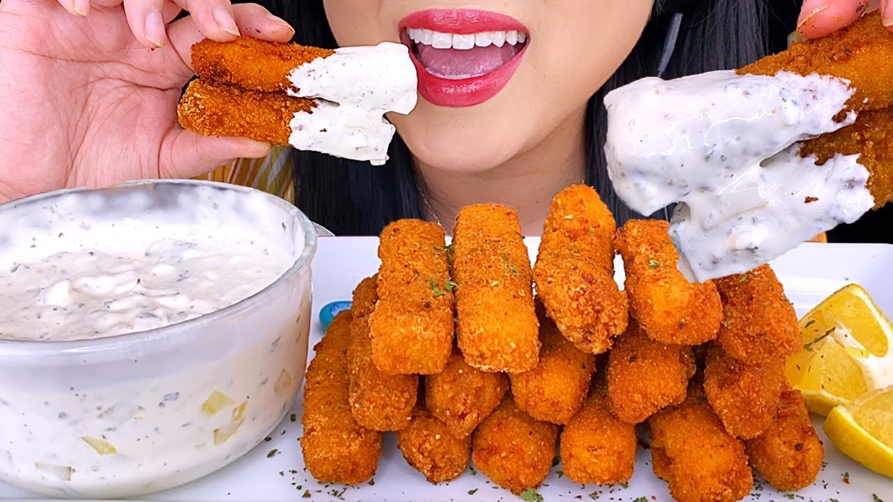 ASMR FRIED FISH STICKS with HOMEMADE TARTER SAUCE (Crunchy Eating Sounds) *NO TALKING* | ASMR Phan