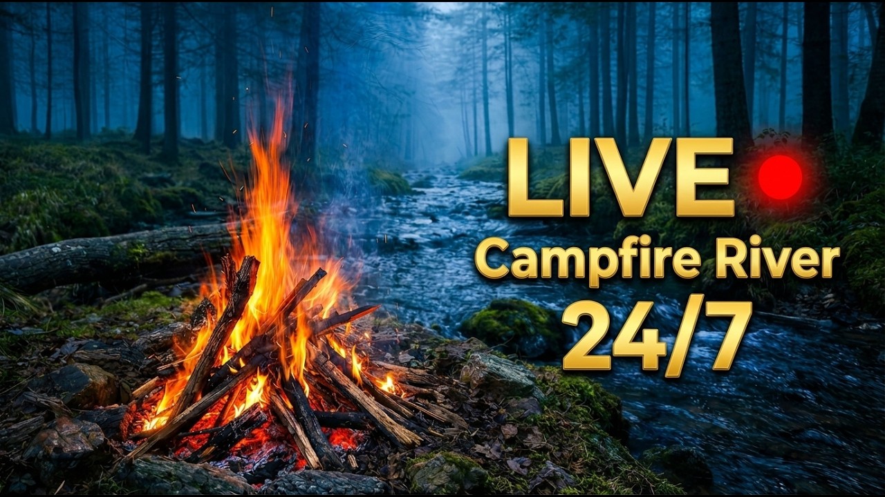 🔥 Campfire by the Forest River – Relaxing Nature Sounds Live 24/7