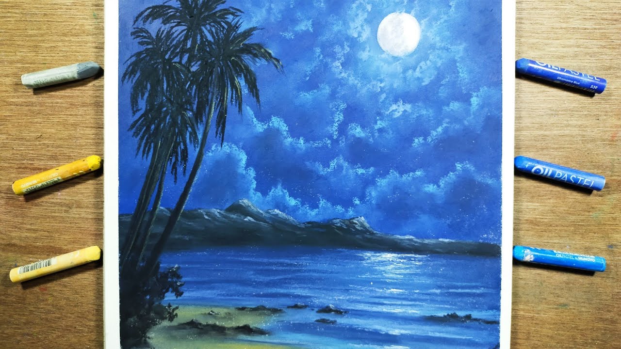 Moonlight night sea beach scenery drawing with oil pastel/Oil pastel drawing