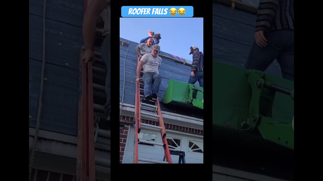 Roofer falls 😂lands on feet 👣 #video #roofing #reels #roofers #work #tiktok #trending #roofs #fail