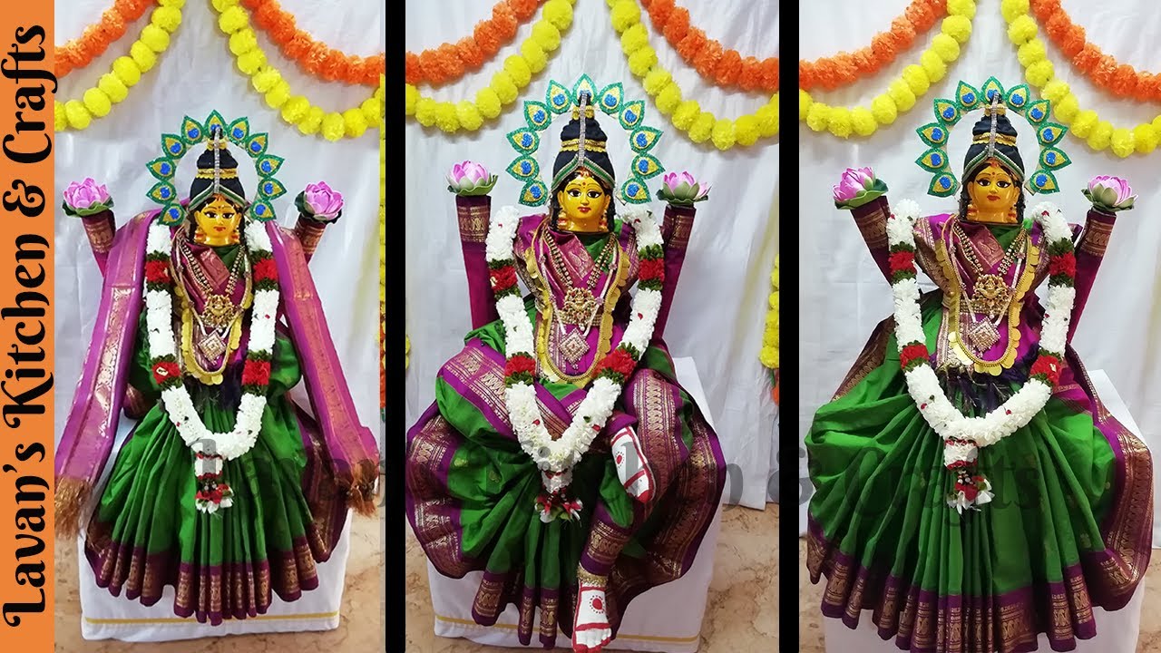 3 Methods of Quick and Easy Varalakshmi Pooja Decoration |  How to drape saree varalakshmi