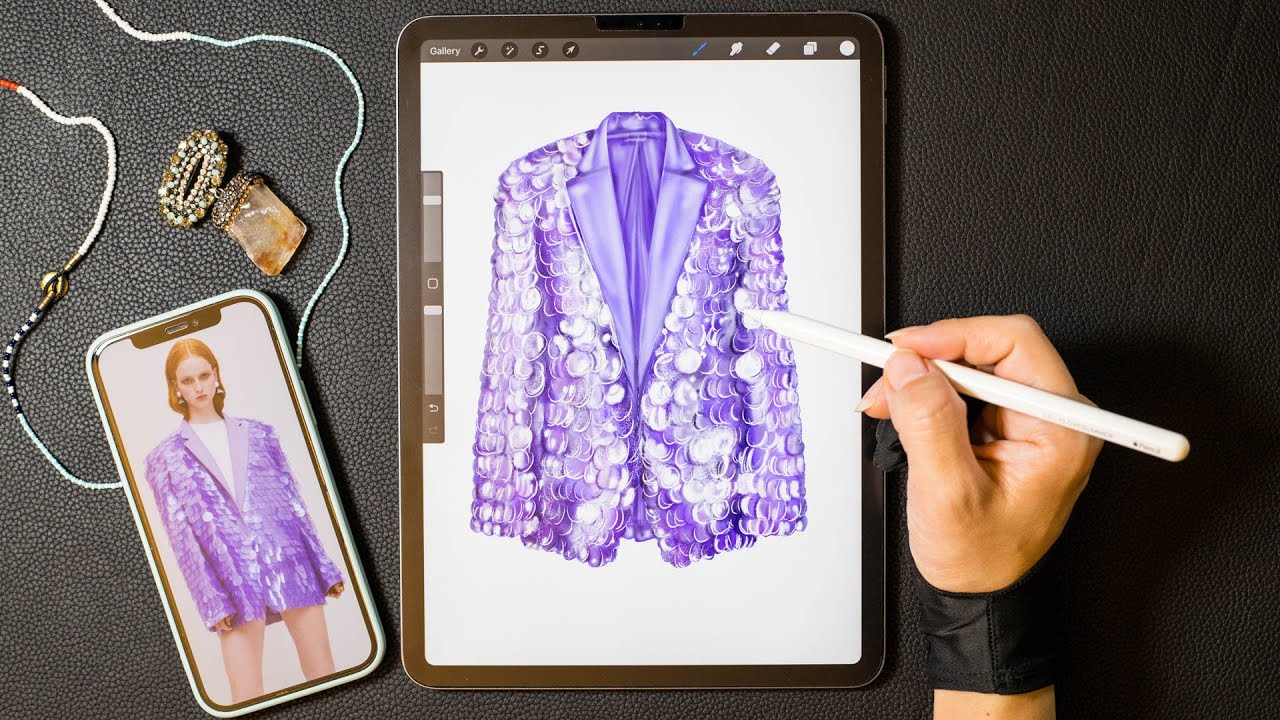 Procreate Digital Fashion illustration tutorial: How to draw Sequins jacket.