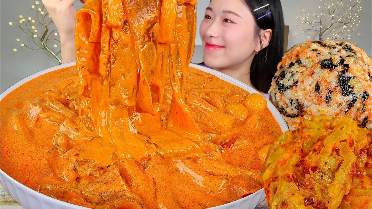 ASMR 진짜 꾸덕꾸덕한 로제분모자떡볶이는 안질려요😍🙏🏻 주먹밥 야채튀김 떡볶이 리얼먹방 :) Rose tteokbokki MUKBANG
