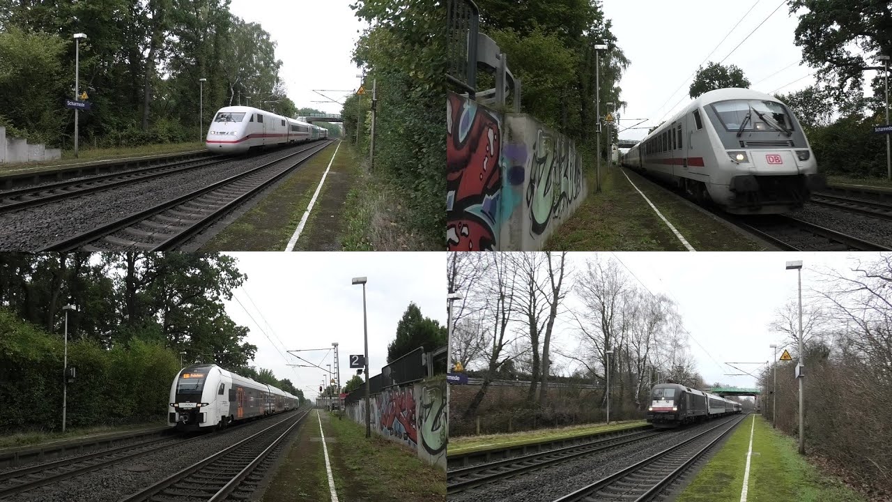 Bahnverkehr in Scharmede mit RE11 Ersatzzug, ICE-S, Intercity, Güterzügen, Desiro HC und FLIRTs