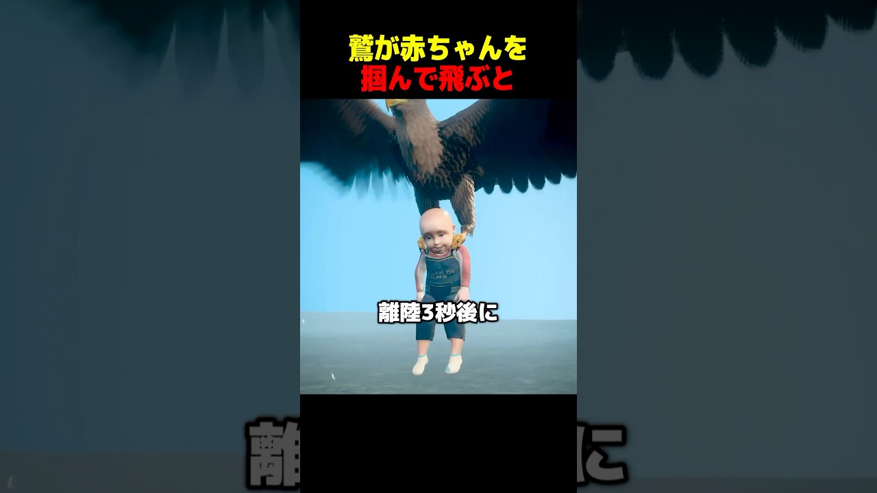 鷲が赤ちゃんを 掴んで飛ぶと