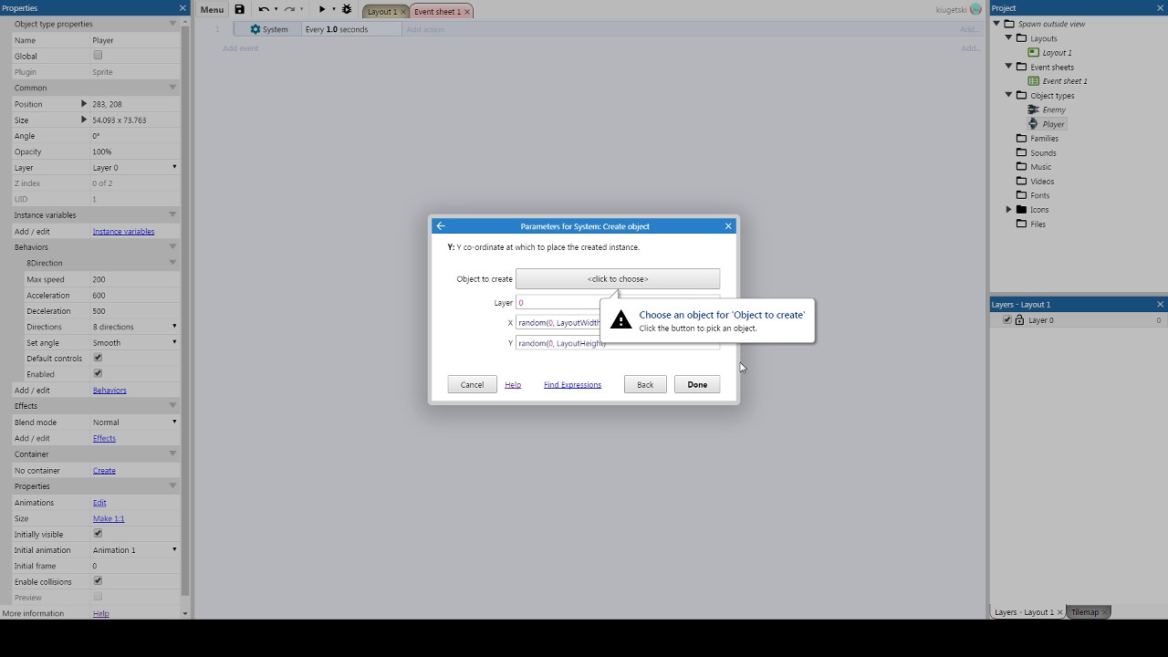 construct 3 - TUTORIAL - spawn object out of view