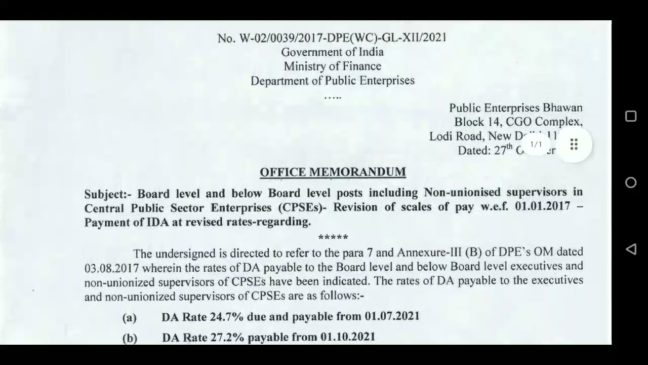 DA of IDA PayScale wef 01.10.2021 | IDA DA Oct 2021 | Dearness Allowance of IDA wef 01.10.2021 27.2%
