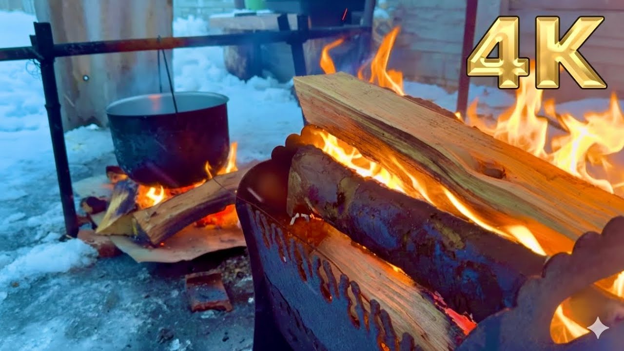 Cozy Winter Campfire in the Snow | Real Fire & Outdoor Cooking 1 hours