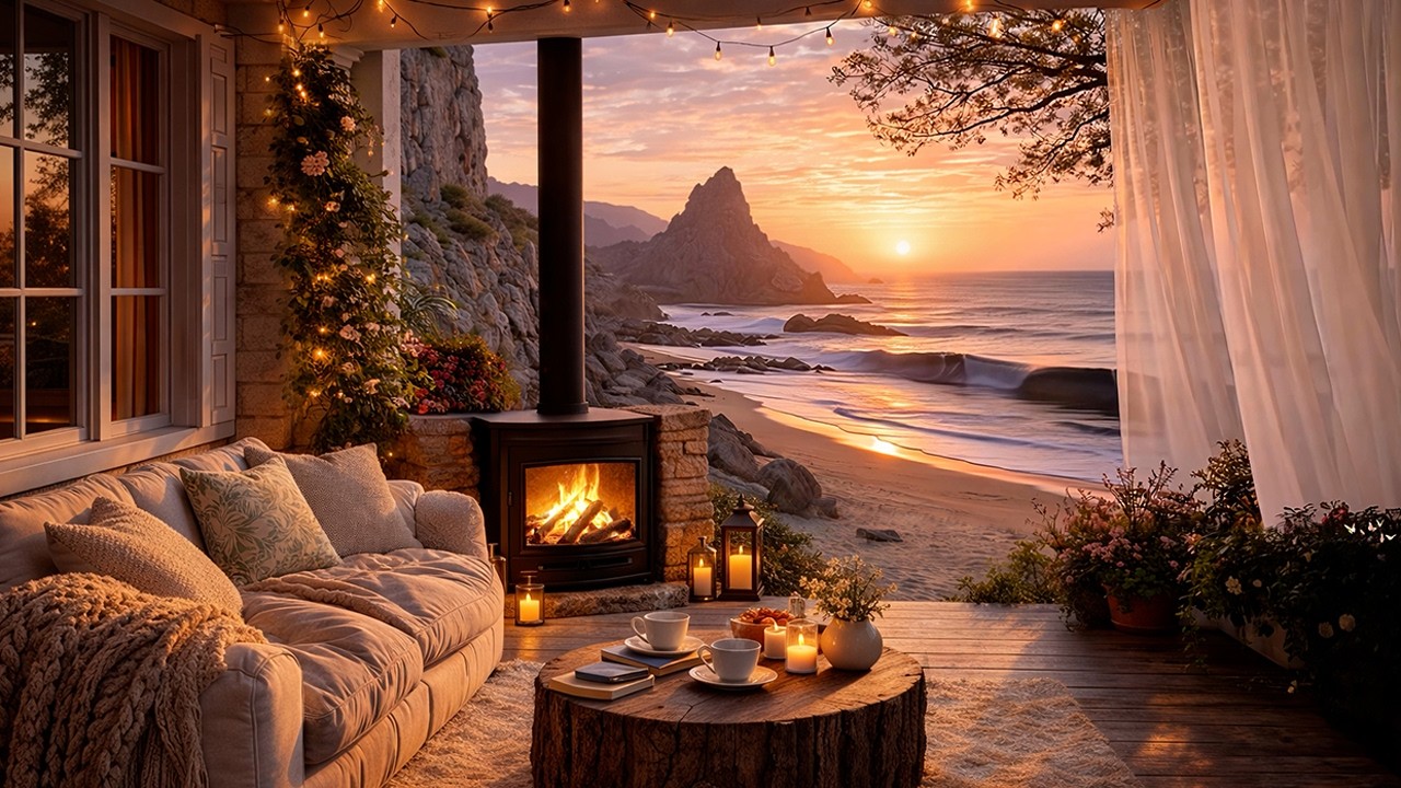 Cozy Seaside Cabin Evening 🌊 Fireplace & Ocean Waves | Relaxing Sleep Ambience