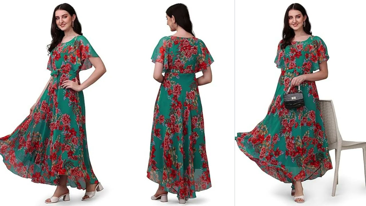 Floral Summer Dress, Puff Sleeve V-Neck, Blue and White Porcelain Print, Midi Length
