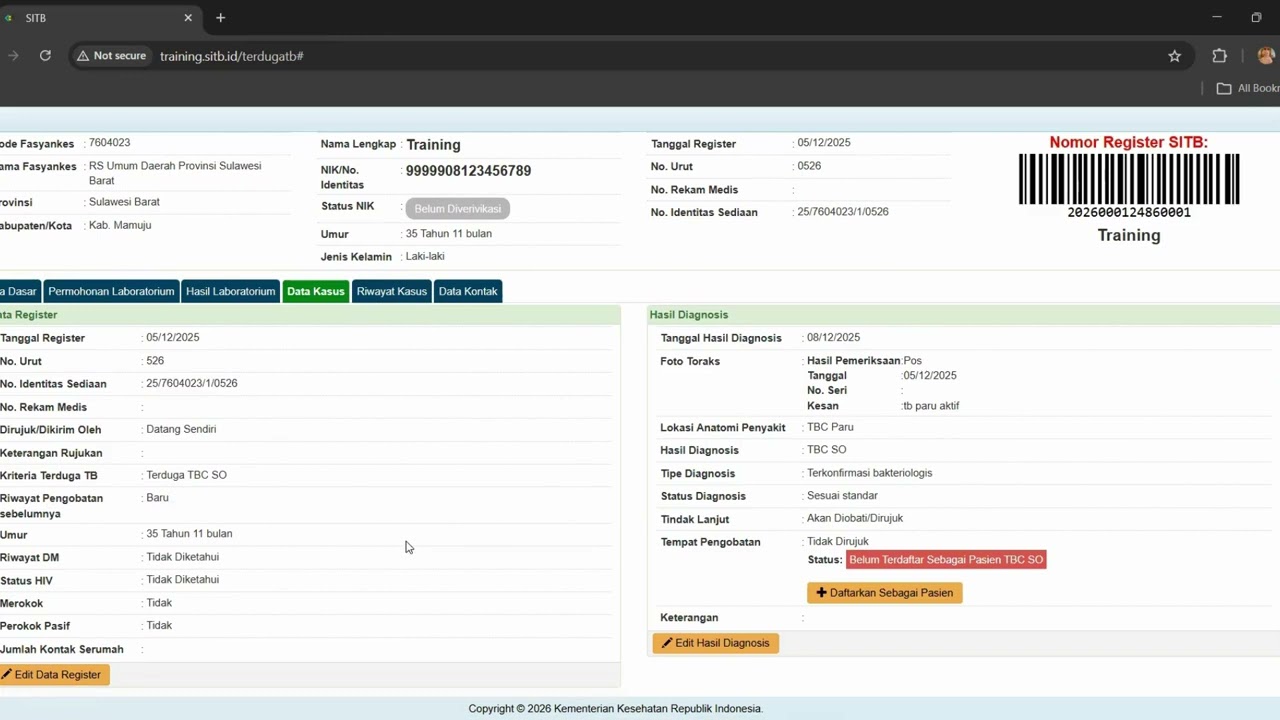 Cara merubah hasil Lab pasien TBC yang sudh terdaftar sebagai pasien di SITB