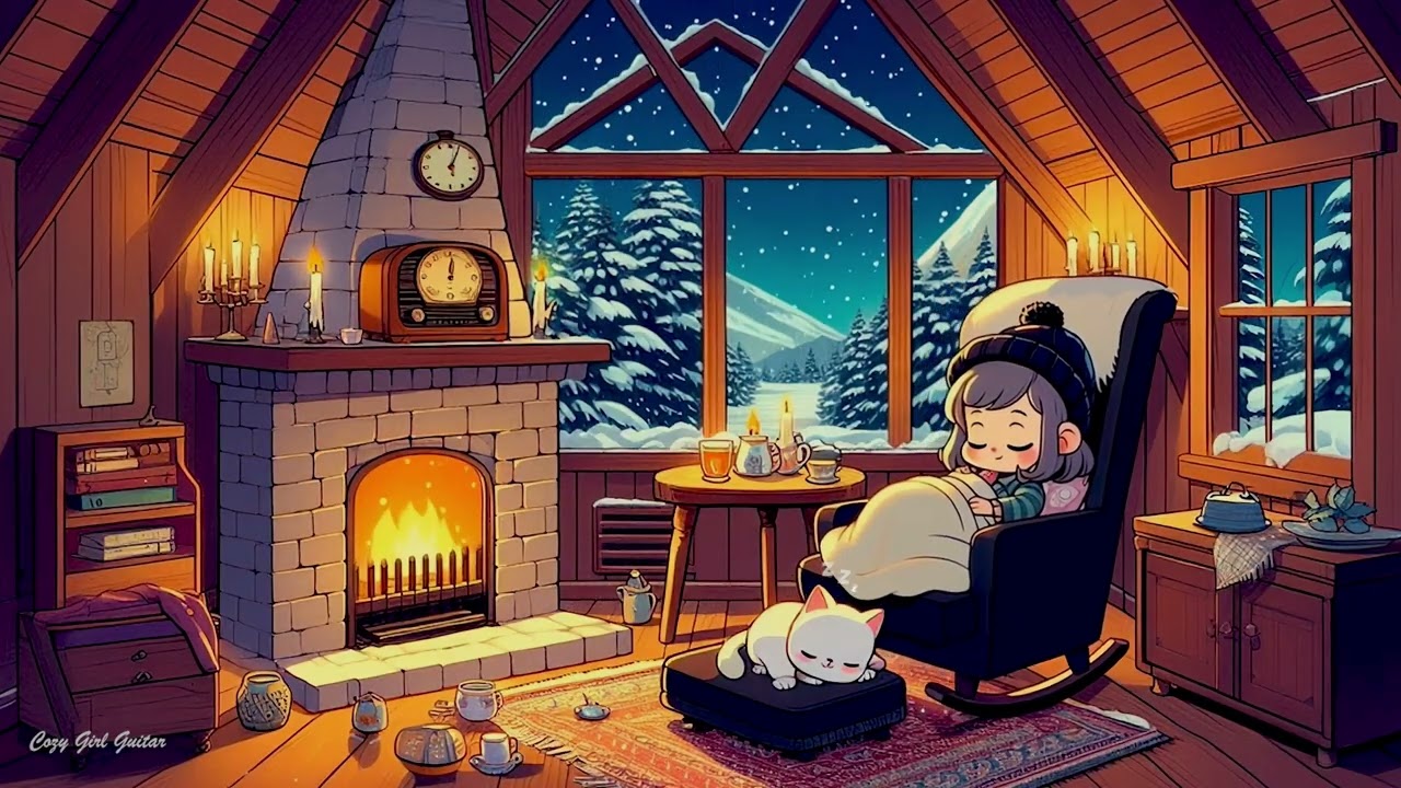 Relaxing Guitar From Another Room #10 🌙 | Vintage Cozy Cabin • Fireplace & Snowfall