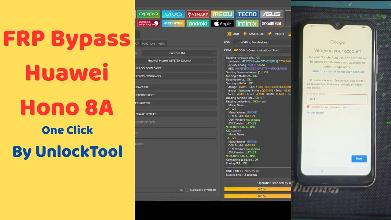 FRP Bypass Huawei Honor play 8A (JAT - L29) By UnlockTool