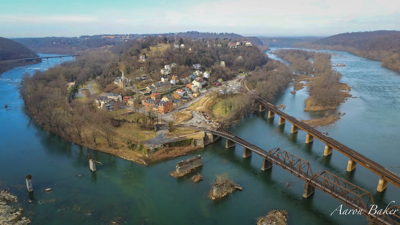 Harpers Ferry, West Virginia - meeting of the Shenandoah river and the Potomac river | Drone Footage