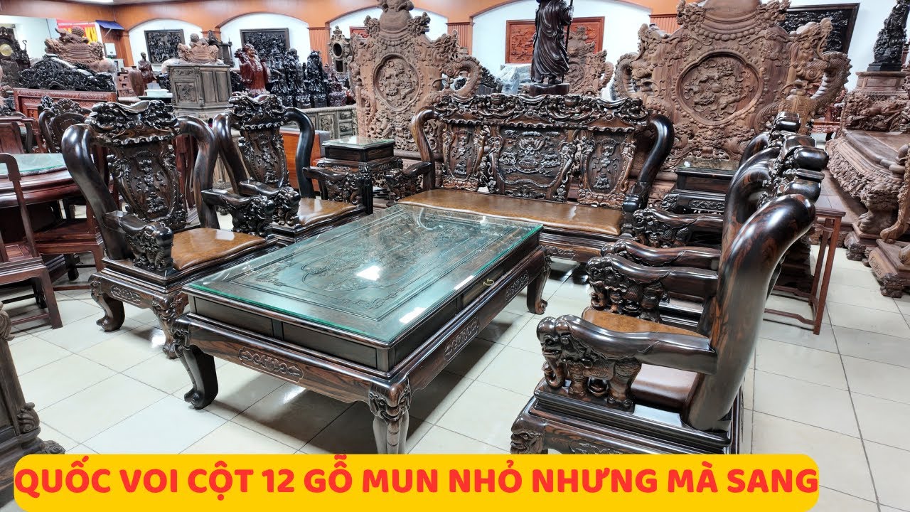 Bộ Ghế Minh Quốc Voi Cột 12 Gỗ Mun Hoa Tuy Nhỏ Nhưng Có Võ