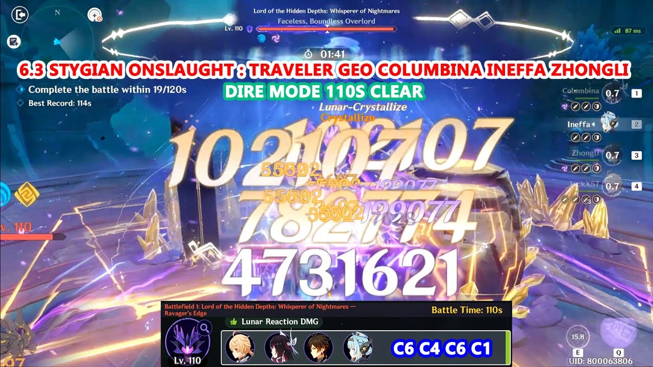 6.3 Stygian Onslaught : Traveler Geo Columbina Ineffa Zhongli - Dire Mode 110s Clear