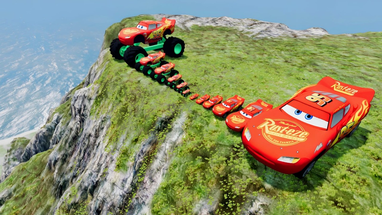 Big & Small McQueen with Monster Lots Wheels vs Cliff Drop Challenge | BeamNG.drive
