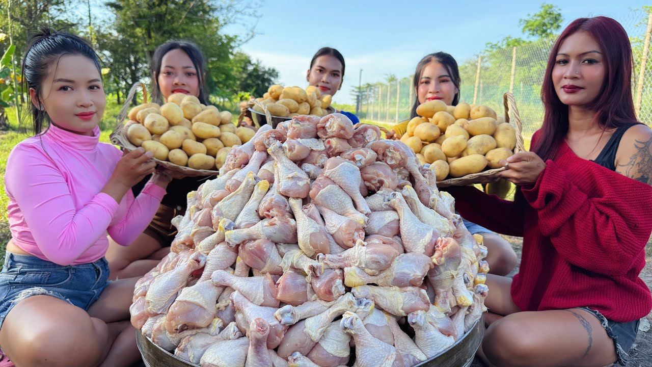 Amazing cooking chicken leg roasted with fresh potato recipe in my countryside