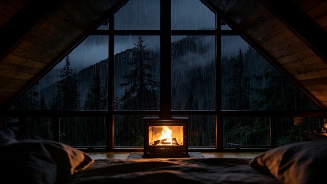 Rainy Forest Night in a Cozy Mountain Cabin 🌧️🔥 Fireplace Sounds for Deep Sleep | Rain ASMR