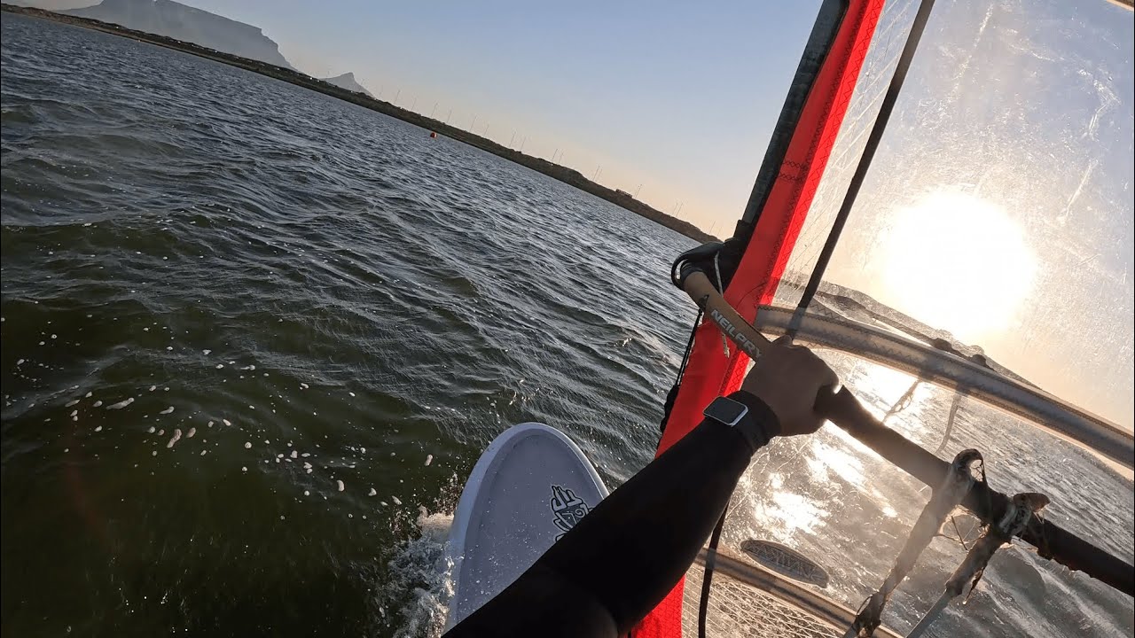 Beginner Sunset Windsurfing Session in Cape Town Learning To Use The Harness (RAW POV)