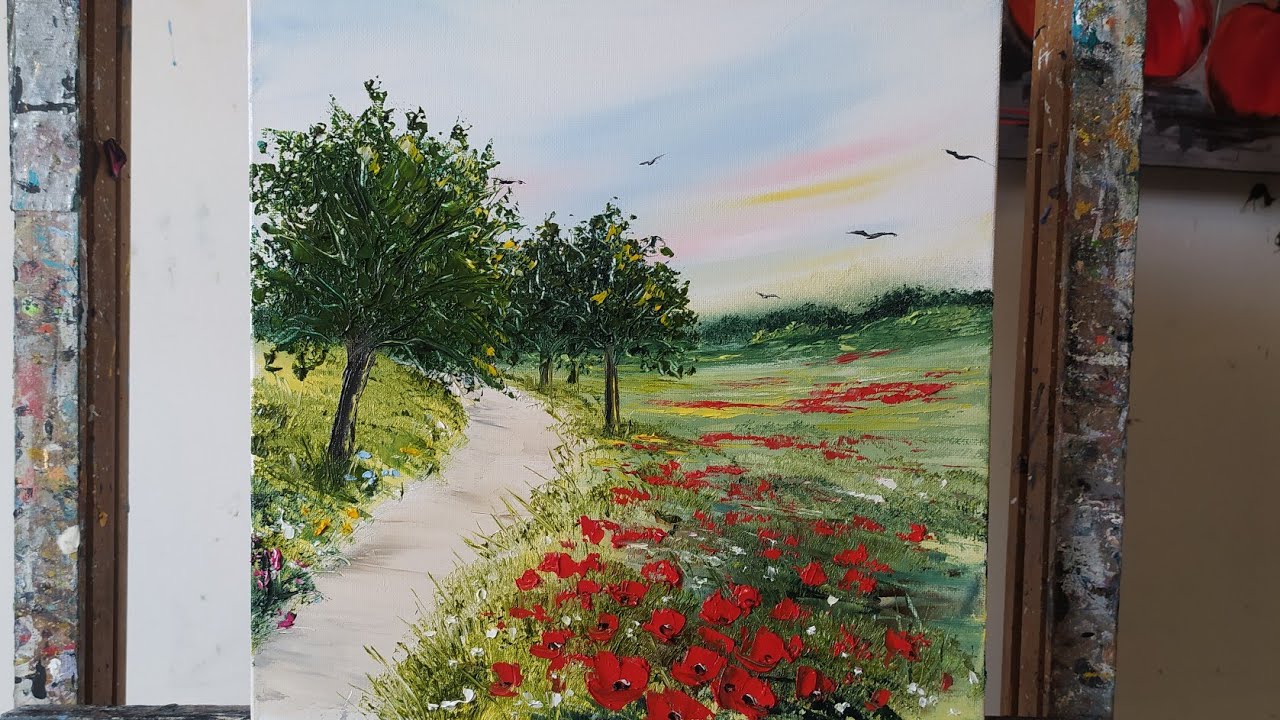 TUTO COUTEAU/ÉPONGE/DOIGTS/PINCEAU: CHAMPS DE COQUELICOTS par Nelly LESTRADE