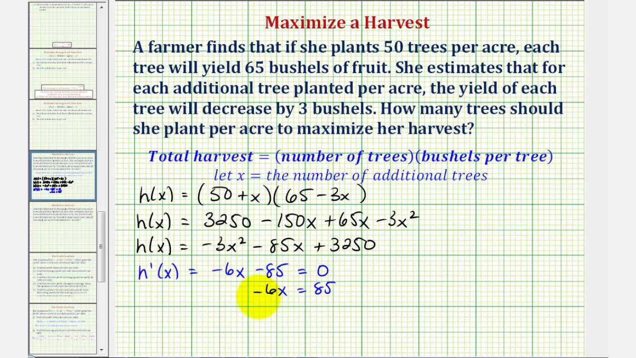 Ex: Optimization - Maximized a Crop Yield (Calculus Methods)