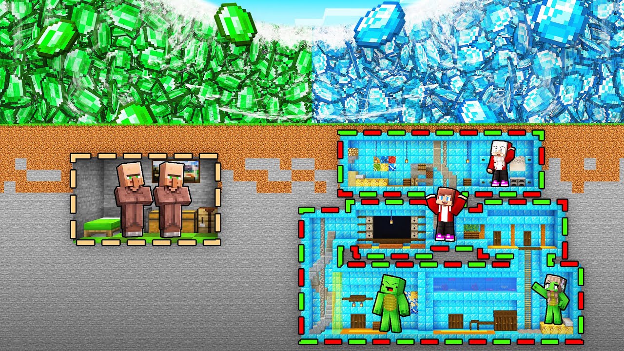 Villager TINY & JJ and Mikey GIANT Family Bunker vs EMERALD & DIAMOND TSUNAMI  in Minecraft (Maizen)
