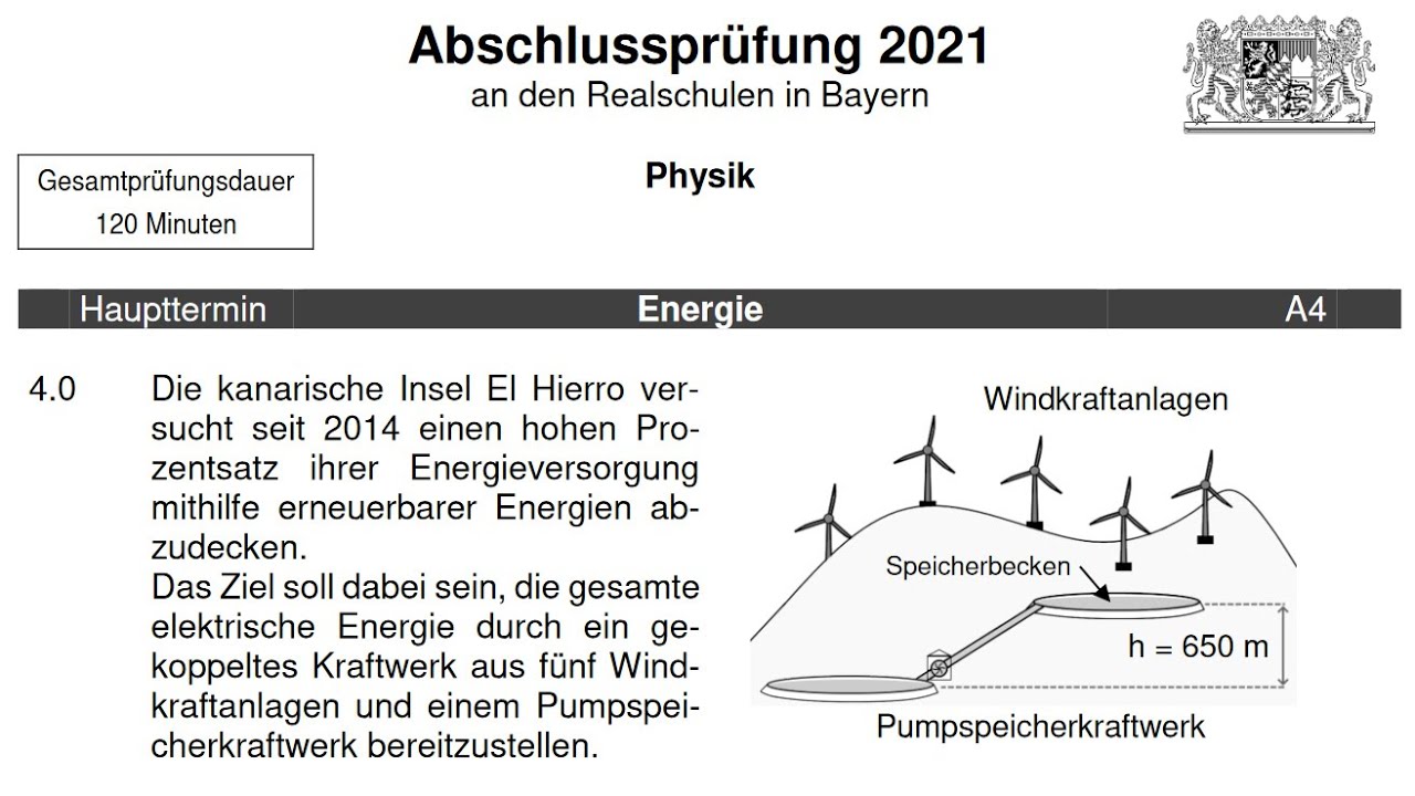 Abschlussprüfung Realschule Bayern - Physik - 2021 A - Energie