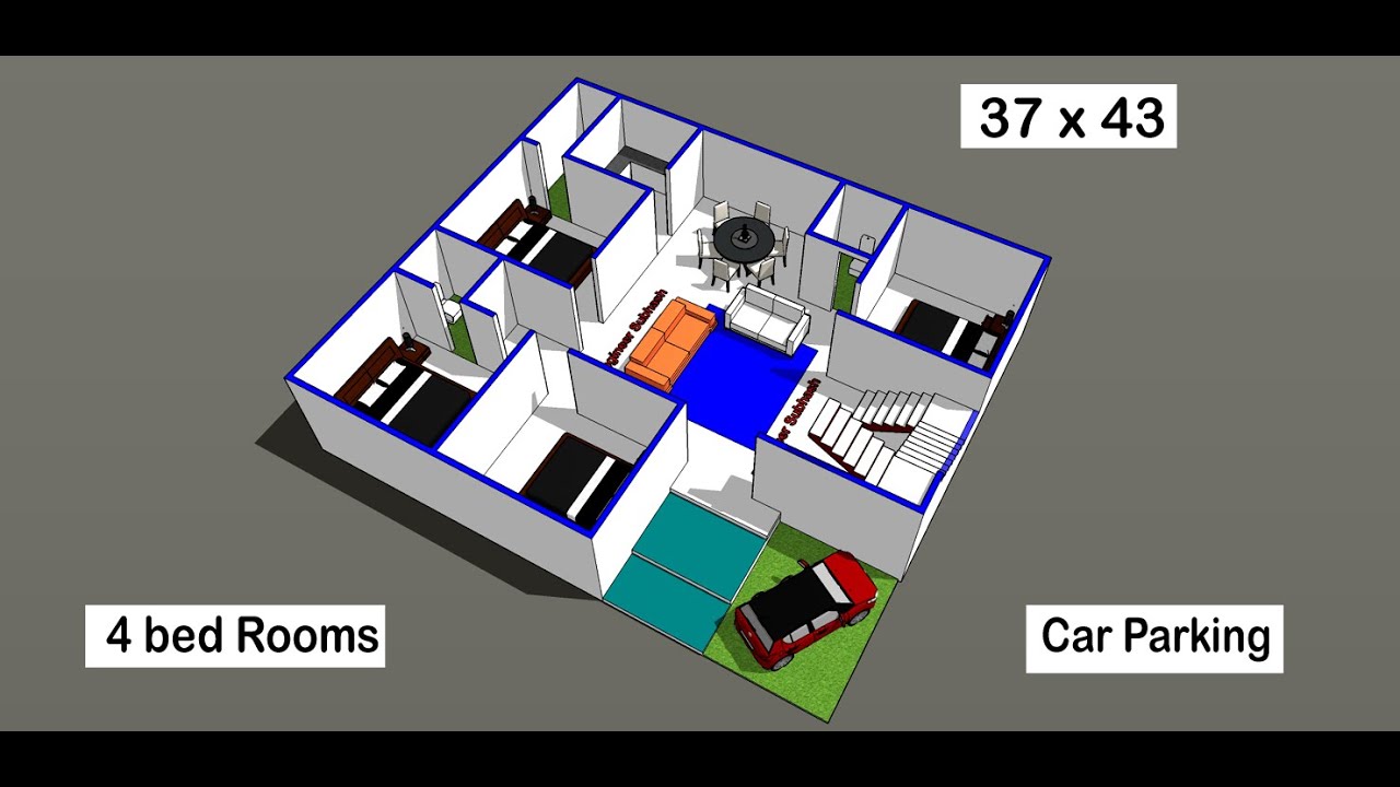 4 bed rooms house plan with car parking II 37 x 43 ghar ka naksha II 37 x 43 village ghar ka chitra