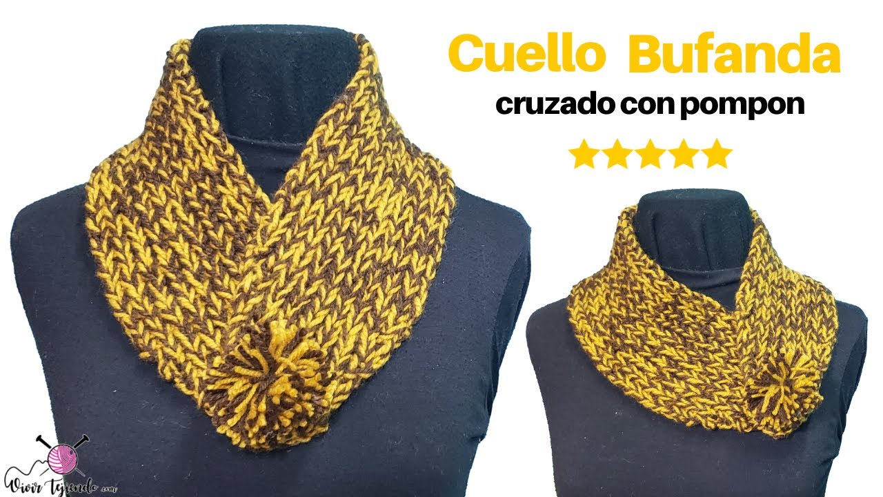 ✔ Tejidos a Palitos 2 Agujas 🌈 Cuello Bufanda a Dos Agujas con Pompón y Lana Doble Súper Fácil