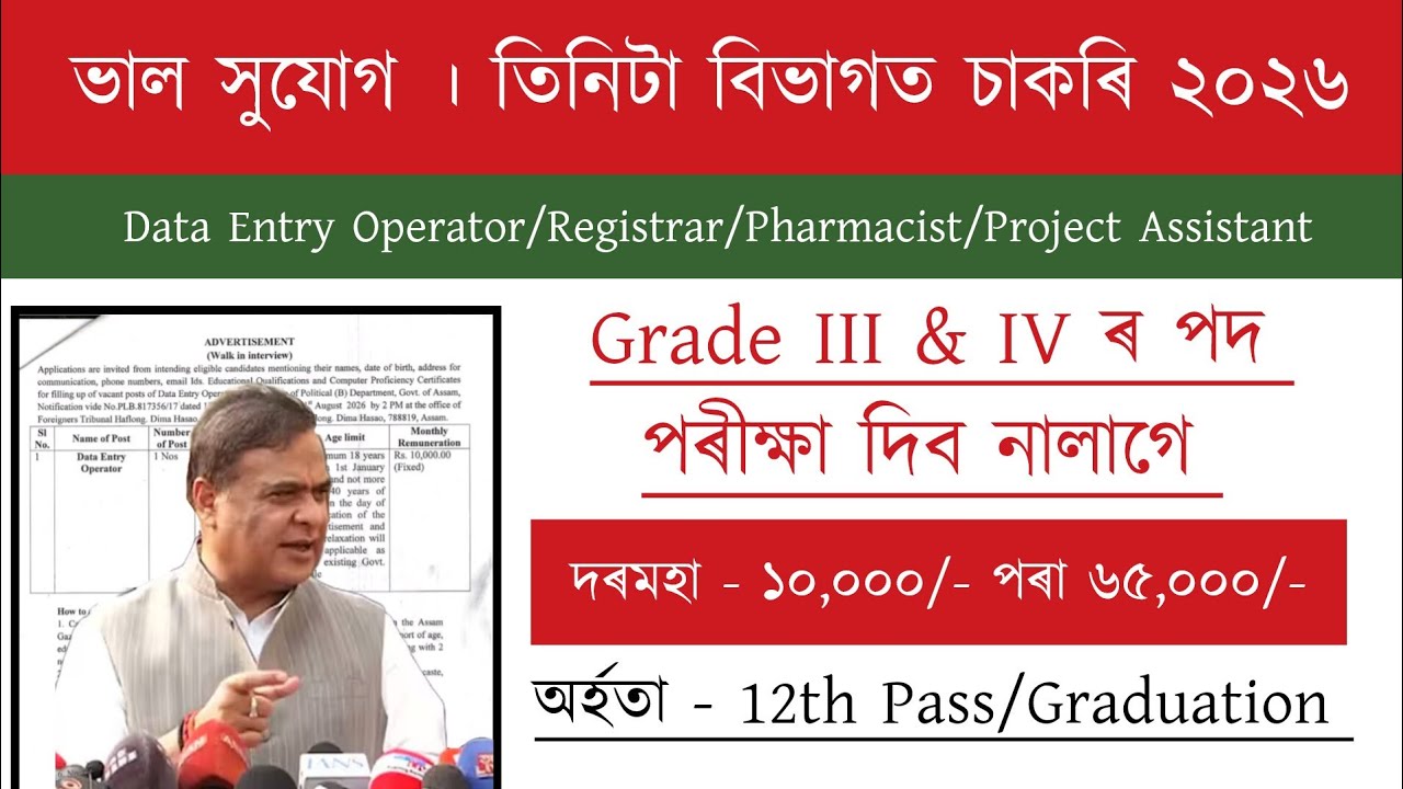 Assam New Recruitment | Grade III & IV ।&zwnj; পৰীক্ষা দিব নালাগে | Job Vacancy 2026 | Assam Job Vacancy 