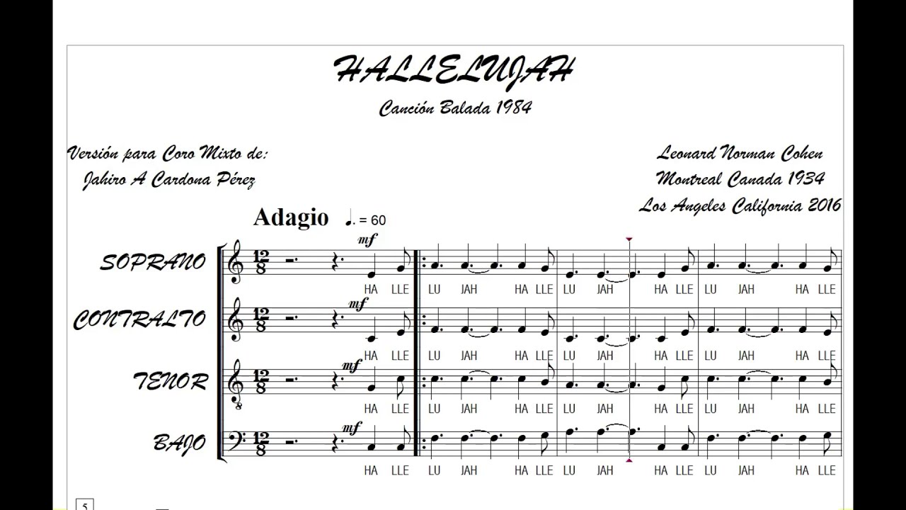 HALLELUJAH  Leonard N Cohen-Montreal 1934 Los Angeles C. 2016 Versión Coral SATB Jahiro Cardona P