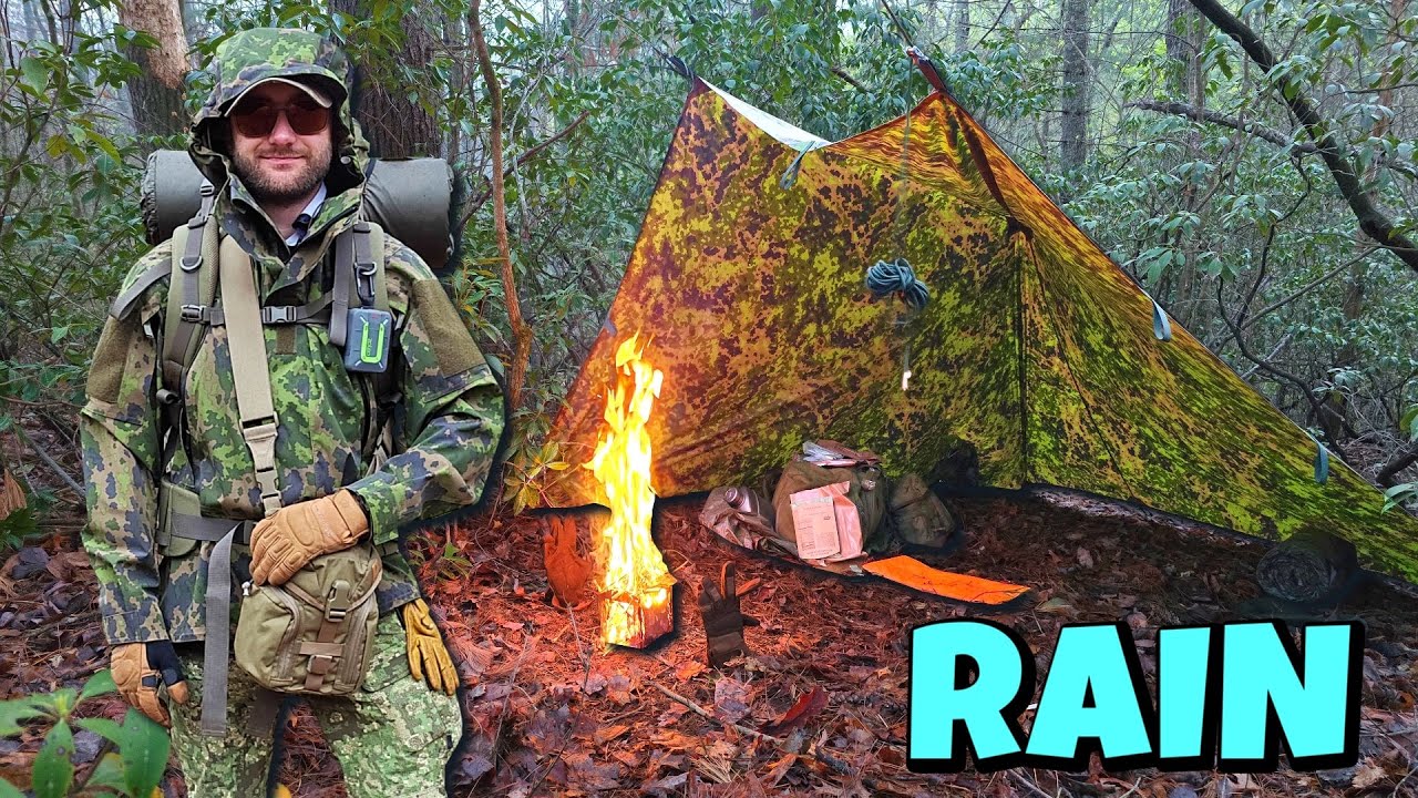 Setting Up Camp In The Rain | Tarp Camping & MRE